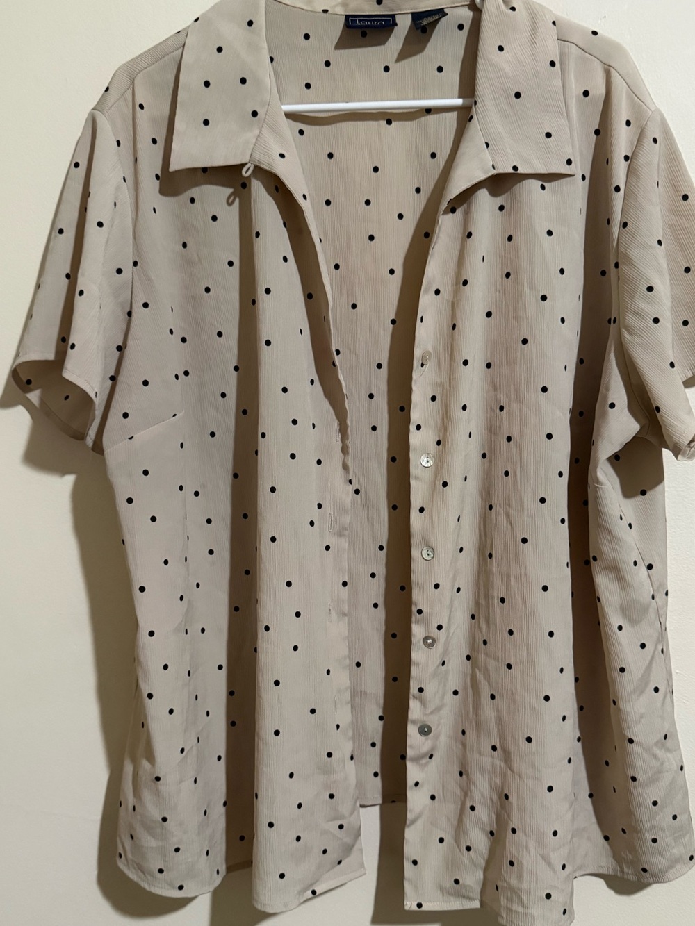 Laura Scott Beige Button-Down Shirt with Black Polka Dots